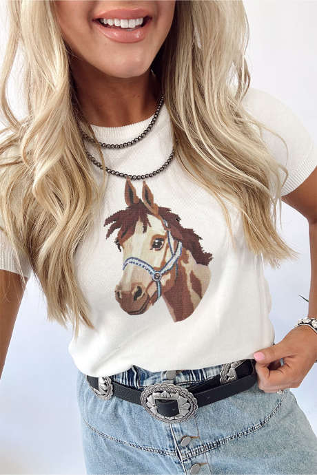 White Wild West Horse Head Printed Short Sleeve Sweater LC2771469-P101