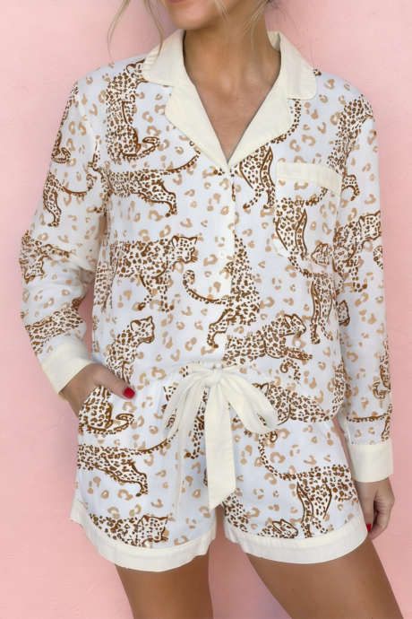 Yellow Leopard Print Long Sleeve Shift Pajama Set Two Piece Casual Daily Home Wear