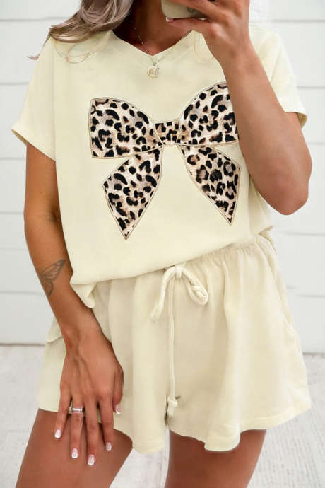 Bílé kontrastní leopardí mašličky s výstřihem do V, volné tričko se stahovací šňůrkou, 2 ks, outfit LC629073-P101