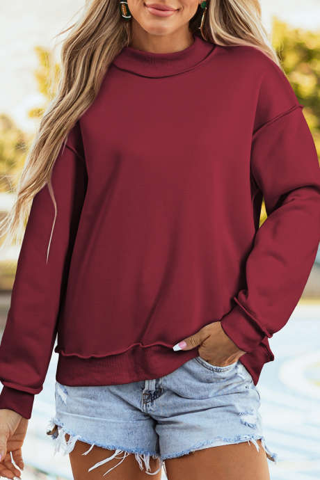 Rød Dahlia Oversized Drop Shoulder Vendbar Genser med Høy Hals
