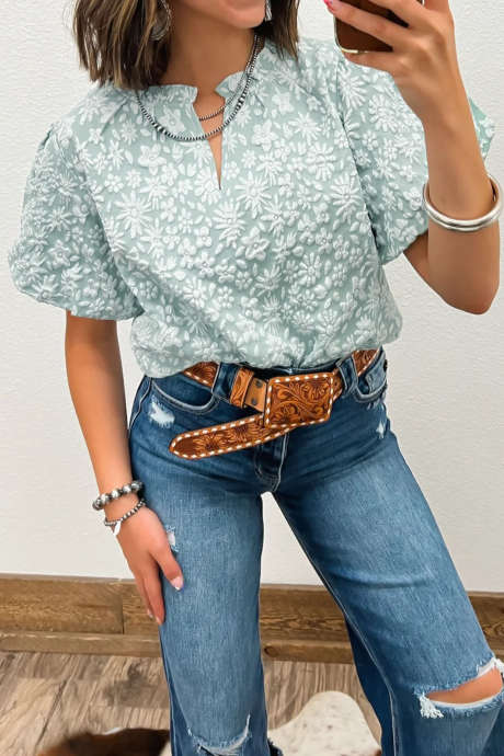 Iceland Blue Floral Textured Jacquard Puff Sleeve Blouse