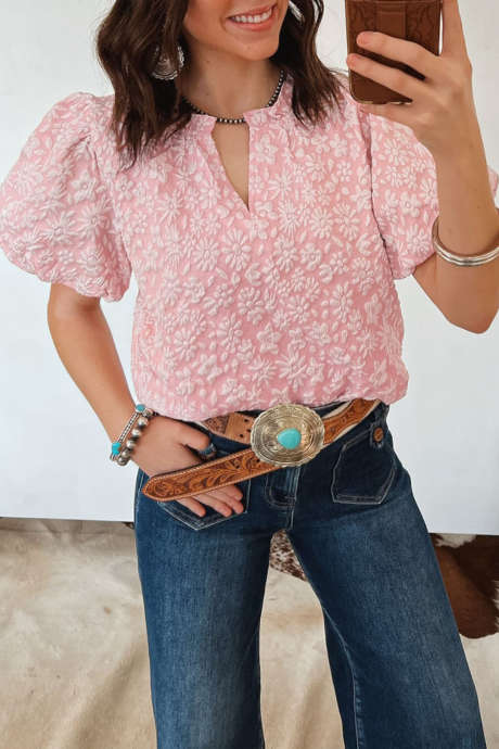 Apricot Pink Floral Textured Jacquard Puff Sleeve Blouse