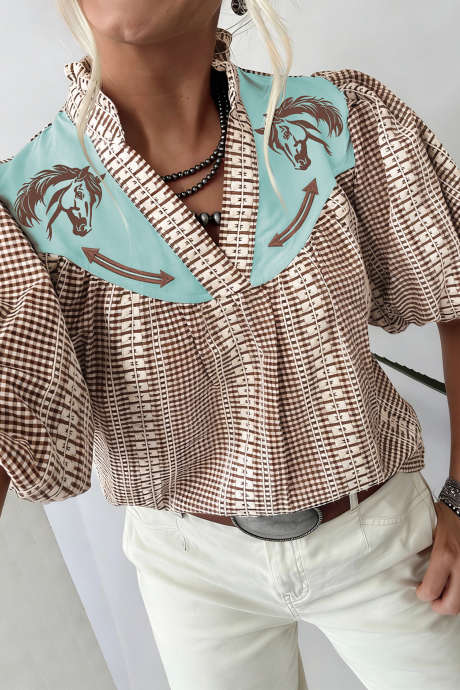 Brun Western Pony Brodert Bærestykke med Puffermer i Gingham-stoff