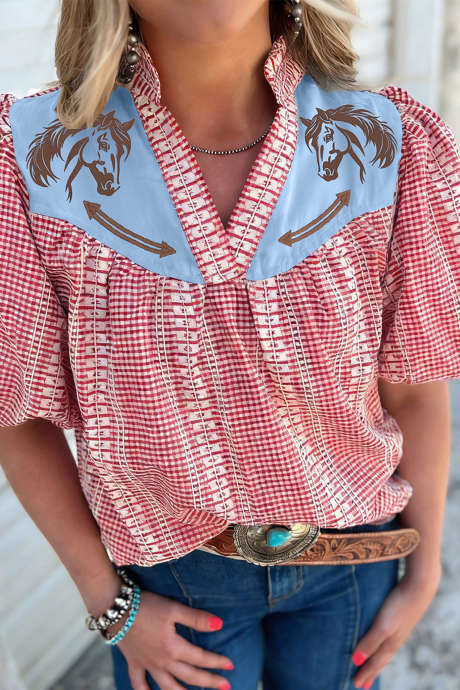 Rød Western Pony Brodert Bærestykke med Puffermer i Gingham-stoff