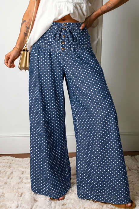 Himmelblå polkaprikkete jeans med knapper og plisserte detaljer