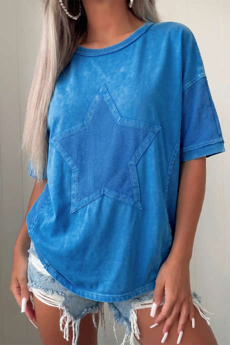 ブルーミネラルウォッシュスターメッシュパッチワークオーバーサイズTシャツ