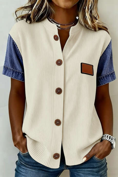 Beige Denim Patchwork Short Sleeve Ribbed Shirt LC2557524-P15