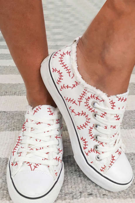 White Baseball Seam Printed Frayed Canvas Shoes BH024220-P1