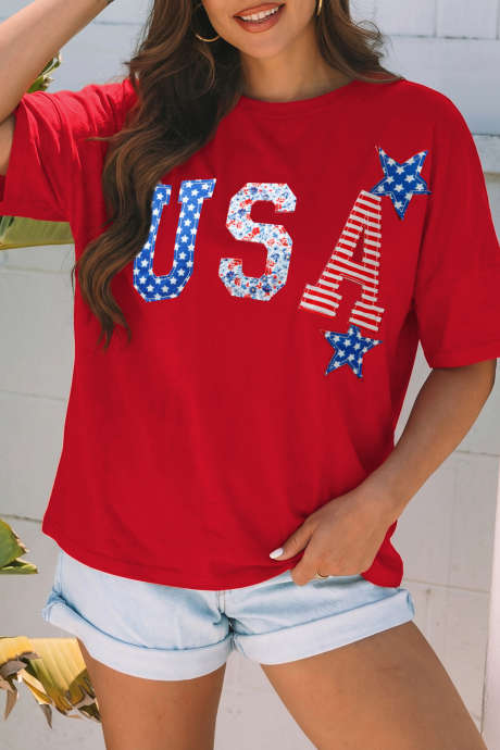 Rød USA Patriotic Star Patched Oversized T-skjorte