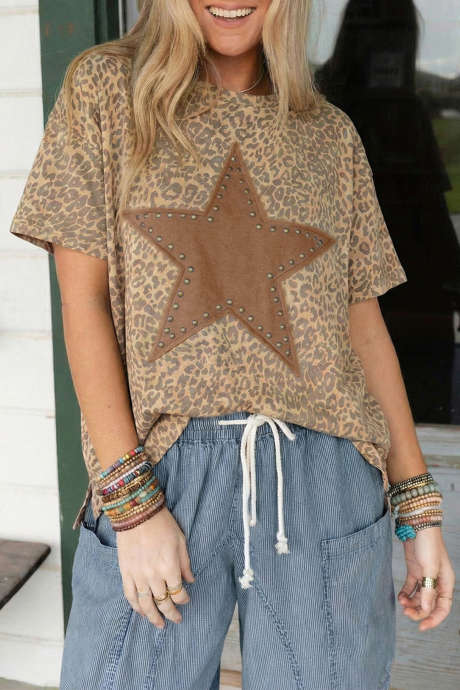 Khaki leopard retro løs t-skjorte med stjernelapper og nagler