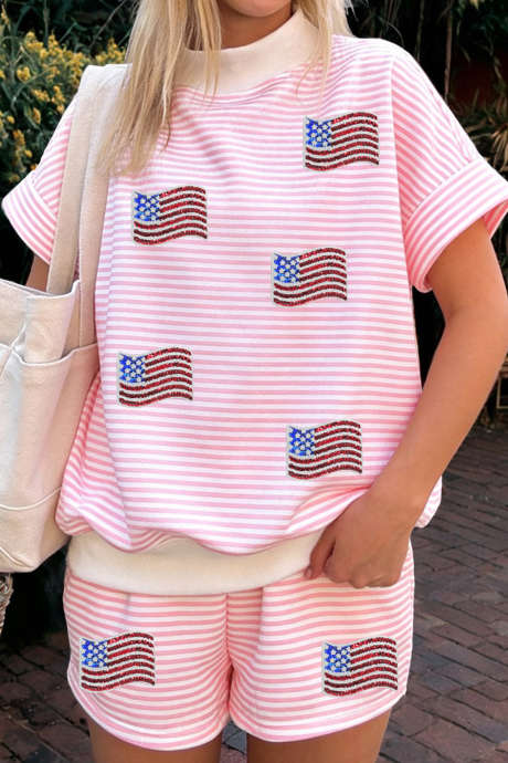 Pink Stripe Sequin Flag Pattern High Neck Top Loose Fit Short Set LC629653-P1019
