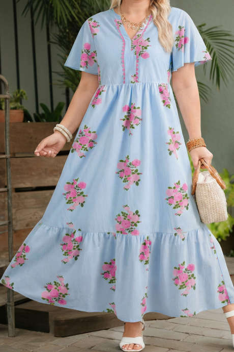 Himmelblå Pluss Blomsterprint Kamskjelldetalj V-hals Kortermet Kjole med Utsving
