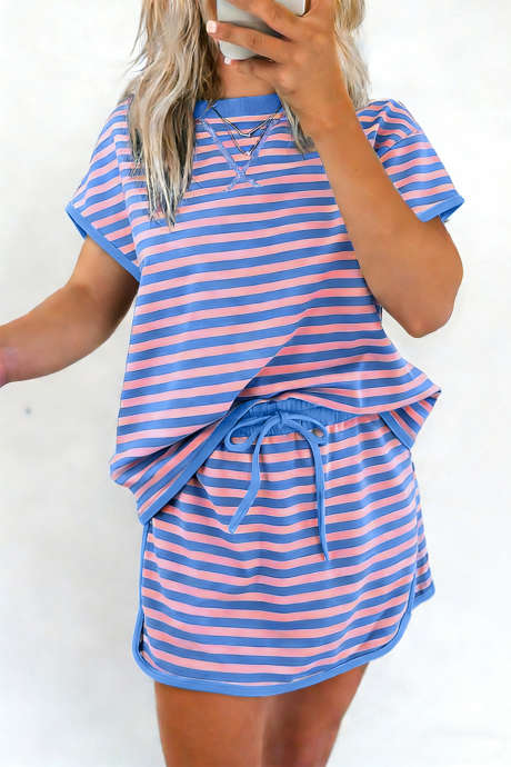 Blå stripete kortermet topp og skjørtsett