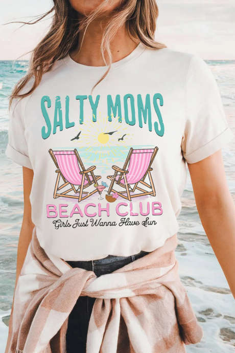 T-shirt bianca a maniche corte con stampa grafica Salty Moms Beach Club LC25232096-1