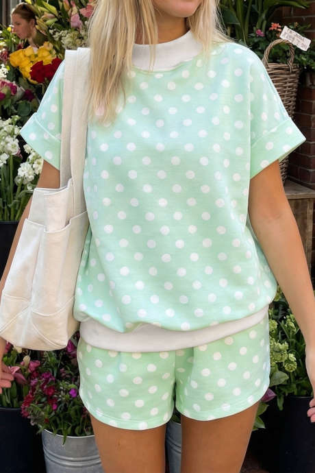 Green Polka Dot Print Color Block Trim Mock Neck Short Set LC629297-P920