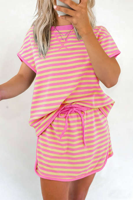 Rosa stripete kortermet topp og skjørtsett