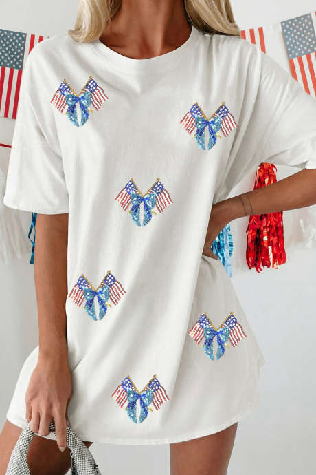 White Patriotic Sequin Bow Flag Cotton Tunic Shift Tee LC25232105-P101