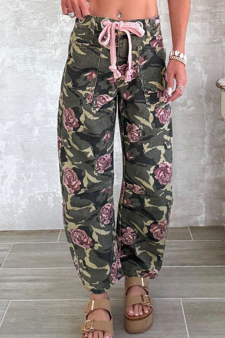 Green Floral Force Barrel Jeans