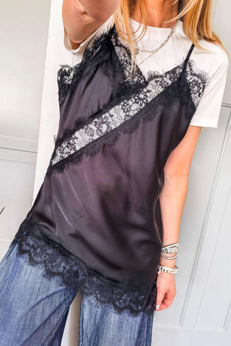 Svart spaghettistropper asymmetrisk blondekantvest