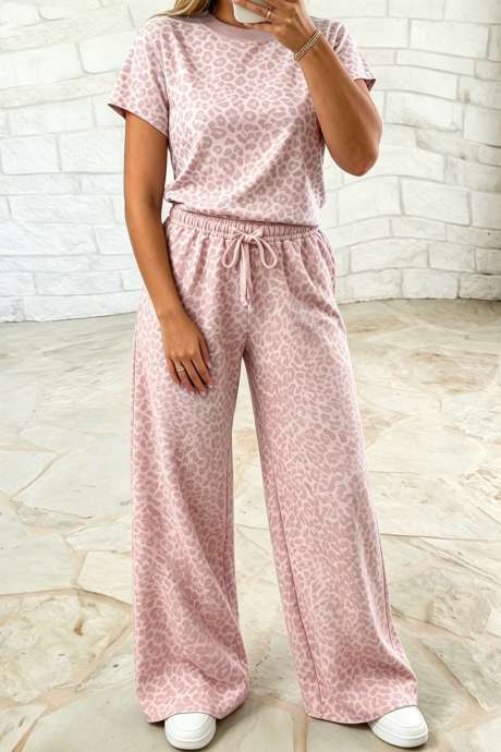 Rosa leopardprint T-skjorte med snøring og casual buksesett