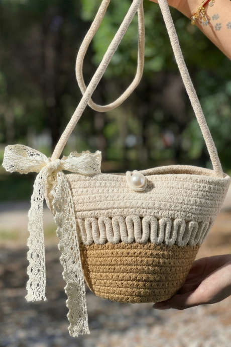 Light French Beige Crochet Bucket Bag with Lace Bow and Pearl Detail BH031610-P4016