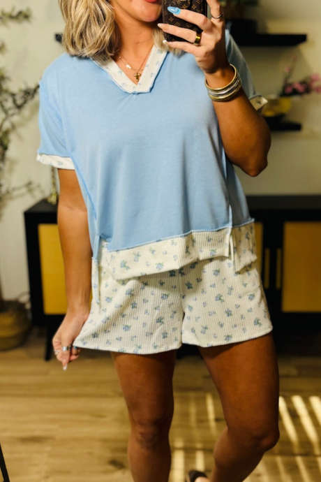 Beau Blue Floral Trim Contrast V-Neck Waffle Knit Two-Piece Set