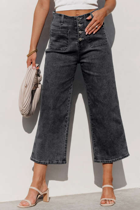 Gray High Waist Button Front Wide Leg Cropped Jeans LC7873351-11