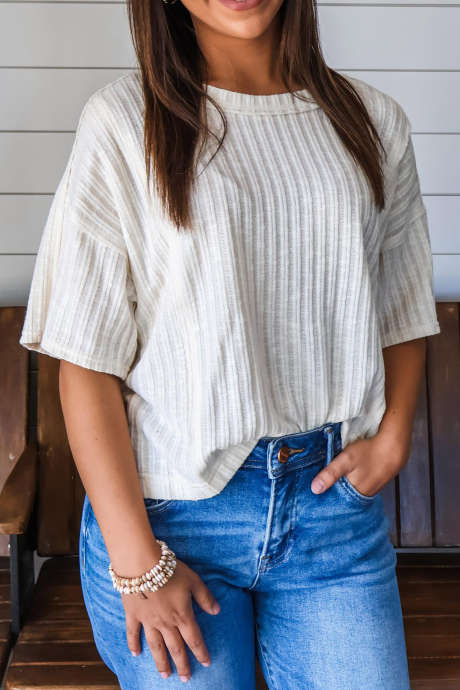 White Breeze Textured Ribbed Knit Half Sleeve Top