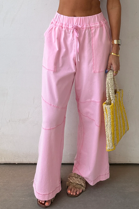 Pink Drawstring Waist Patch Pocket Wide Leg Pants