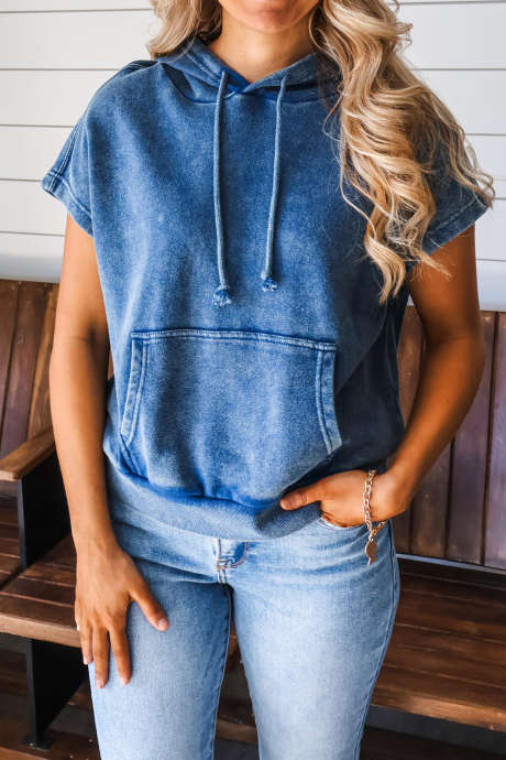 Sail Blue Hooded Short Sleeve Blouse with Front Pocket