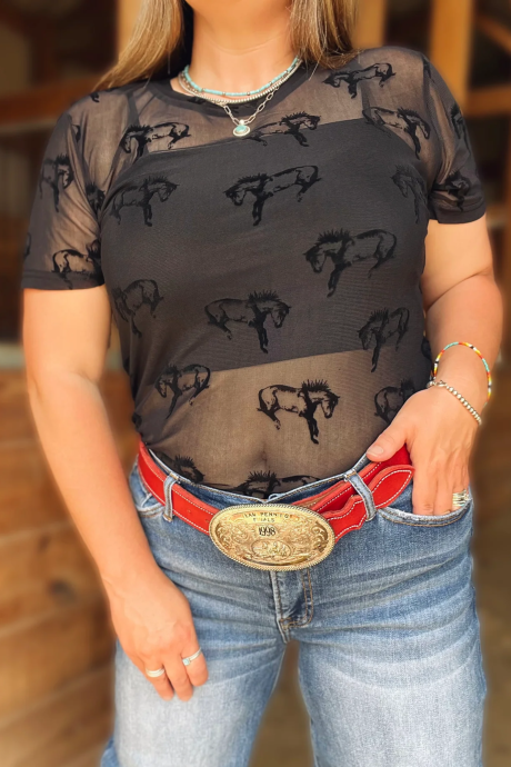 Svart Western Horse Pattern Kortermet Mesh-topp