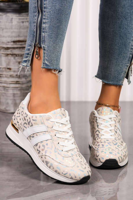 Hvite leopardprint snøresko med lave sneakers og gummisåle BH022466-P1