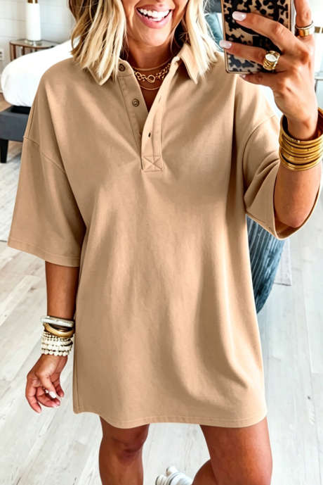 Smoke Gray Polo Collar Short Sleeve Button Placket Mini Shift Dress