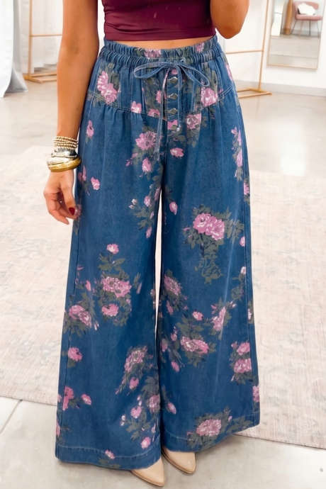 Blue Floral Print Button Tie Elastic Waist Wide Leg Jeans