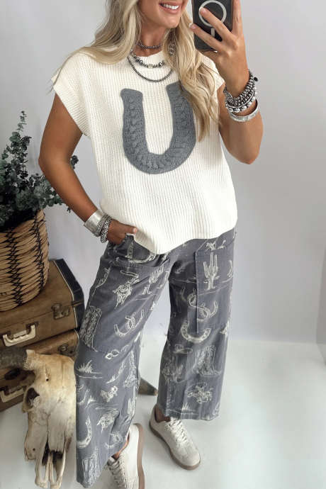 Hvit Heklet Hestesko Kortermet Strikkegenser