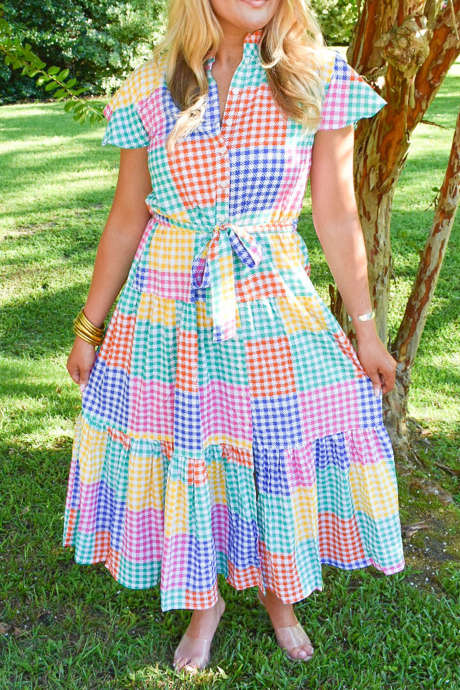 Flerfarget Plus Size Stilig Rutete Fargeblokk Halv Knapp Belte Maxikjole