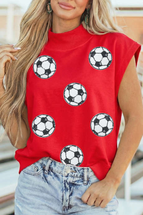 Racing Red Soccer Sequin High Neck Cap Sleeve Gameday T-Shirt LC25138065-P603