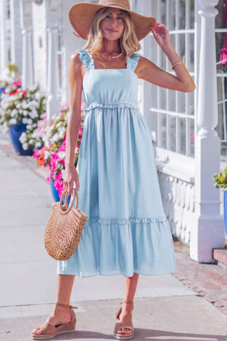 Rochie maxi Beau albastră, fără mâneci, cu talie înaltă, în culoarea unuii, cu volane, LC6128603-P804