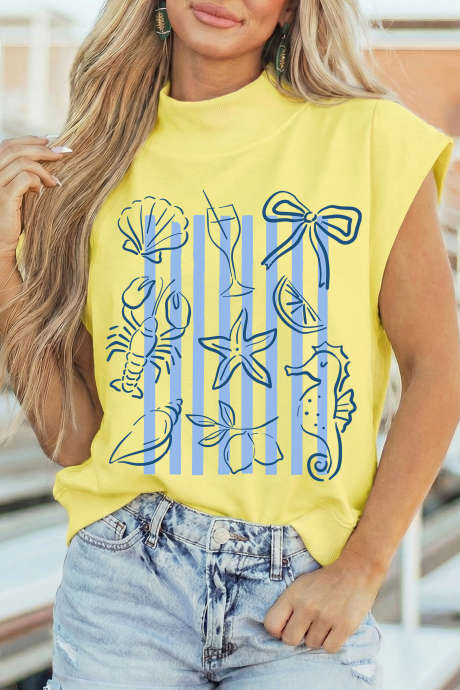 Yellow Seashell Coquette Striped Print High Neck Top LC25137986-P7