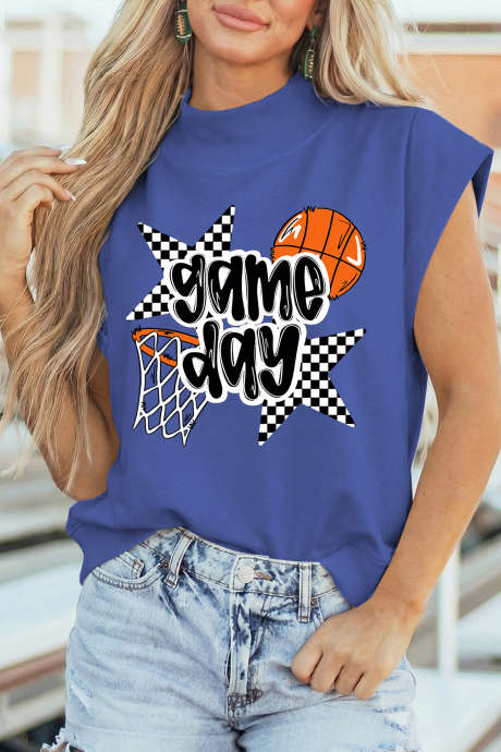Sky Blue game day Basketball Motif Printed High Neck Tee LC25137905-P205