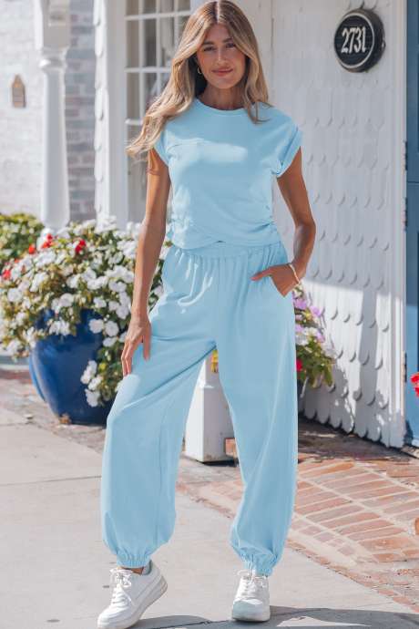 Beau Blue Solid Color Cropped Tank Top and Jogger Pants Set
