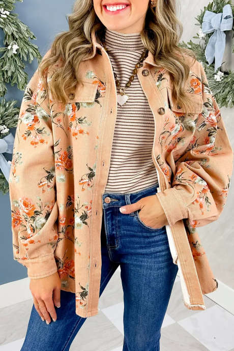 Khaki Floral Print Long Sleeve Denim Jacket Shift Silhouette Tunic Length Casual Daily Wear