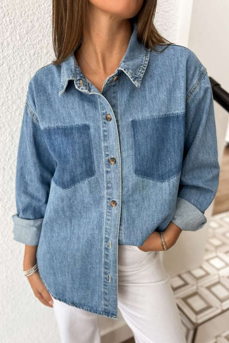Sky Blue Oversized Cowboy jacket Enzyme Wash Pocket Detail Casual Tunic Top