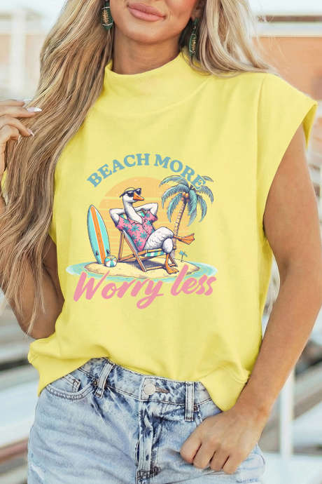 Yellow Beach More Worry Less Graphic Mock Neck Tee LC25137919-P7