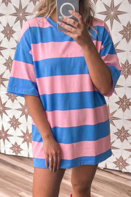 Lys rosa stripete fargeblokk oversized tunika-t-skjorte