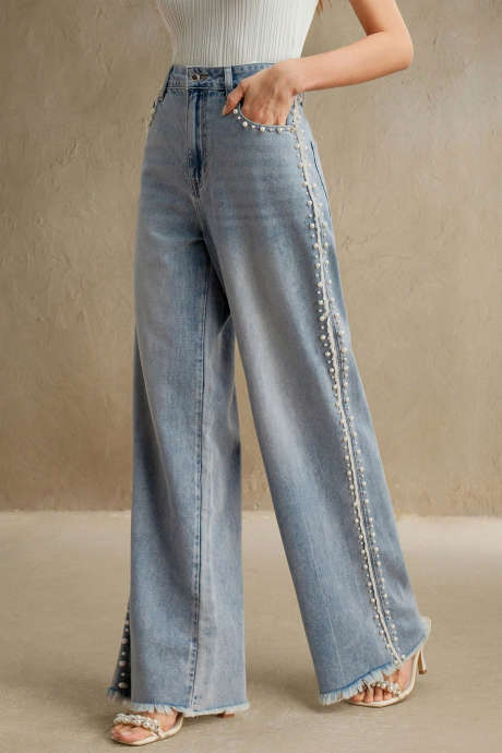 Beau Blå Perlepyntede Frynsete Fald Vide Ben Jeans