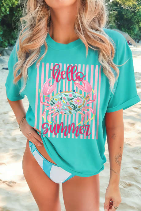 Μπλούζα με κοντό μανίκι και στάμπα Hello Summer Crab σε ανοιχτό πράσινο χρώμα