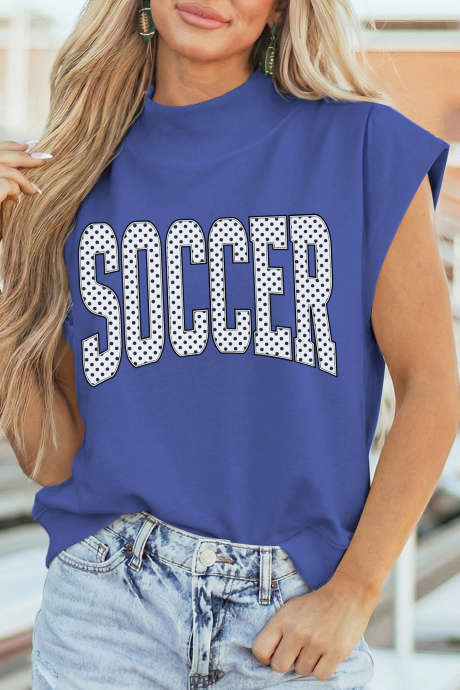 Sky Blue Polka Dot SOCCER Lettering Mock Neck Short Sleeve Top LC25138113-P205