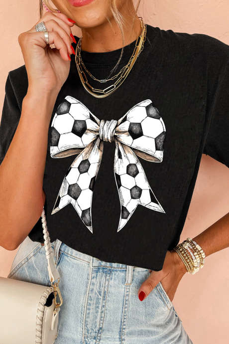 Zwart T-shirt met voetbalstrik-print, casual zomer T-shirt