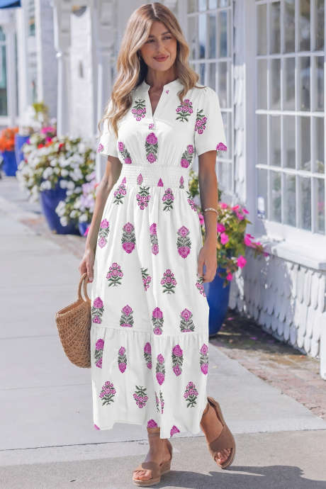 White Floral Print Split Neck Shirred High Waist Ruffle Hem Maxi Dress LC6127451-P120